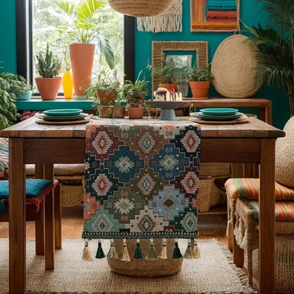 Geometric Table Runner | Colorful Pattern with Tassels