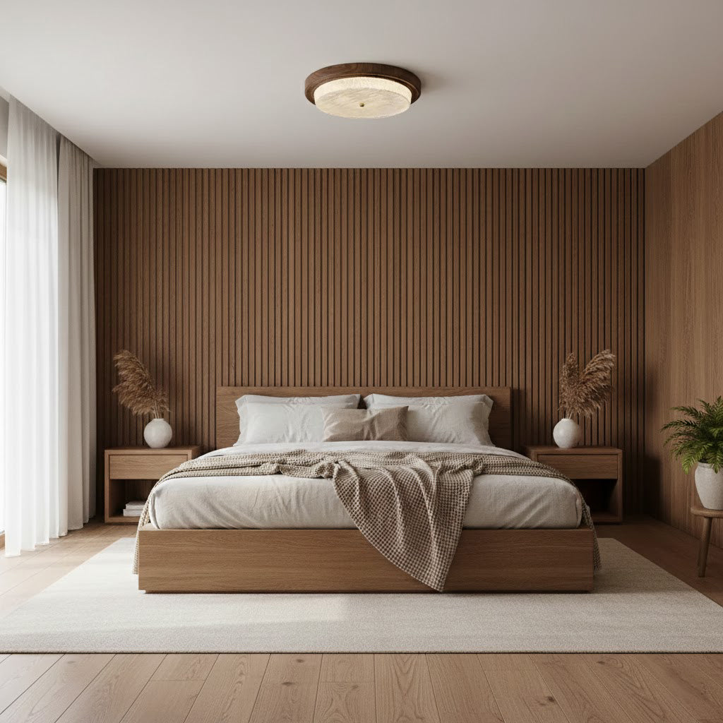 Wood Trim Round Flush Mount Ceiling Light