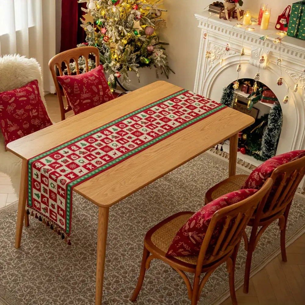 Red Christmas Table Runner | Geometric Holiday Pattern