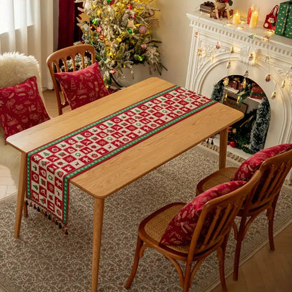 Red Christmas Table Runner | Geometric Holiday Pattern