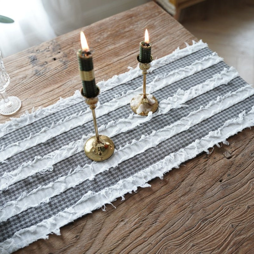 Striped Table Runner | Black and White Frayed Fabric