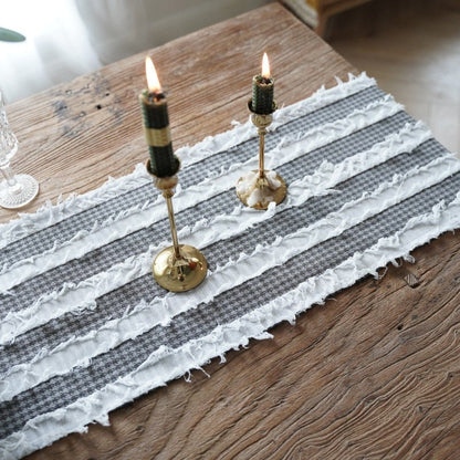 Striped Table Runner | Black and White Frayed Fabric