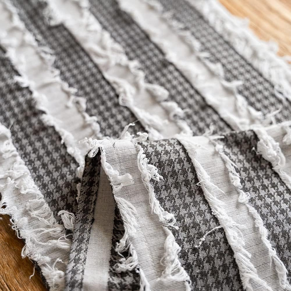 Striped Table Runner | Black and White Frayed Fabric