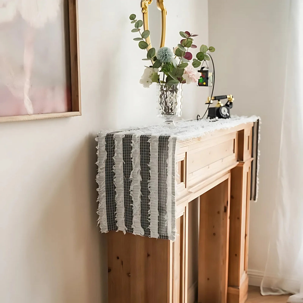 Striped Table Runner | Black and White Frayed Fabric