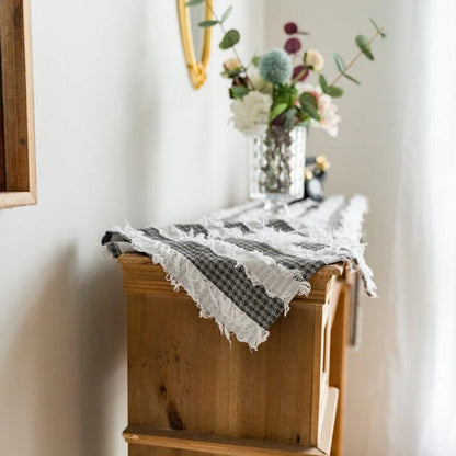 Striped Table Runner | Black and White Frayed Fabric