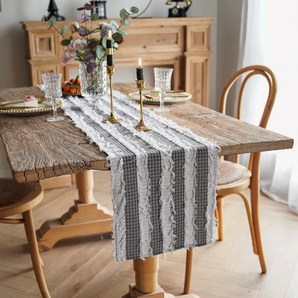 Striped Table Runner | Black and White Frayed Fabric