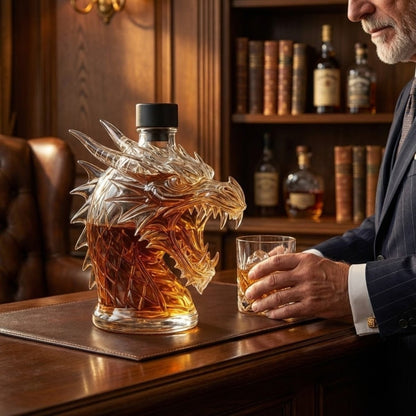 A close-up of the Kouvr Dragon Edition whiskey decanter bottle filled with bourbon, sitting next to a man in a business suit.