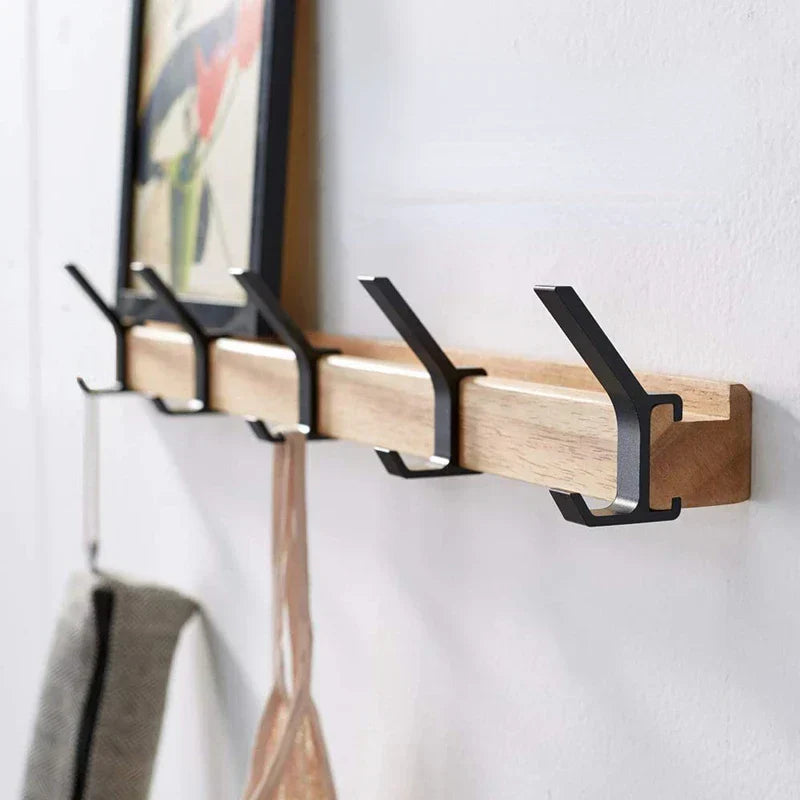 Minimalist Wall-Mounted Coat Rack | Adjustable Double Hooks in Wood & Black