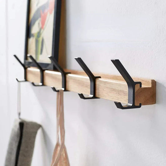Minimalist Wall-Mounted Coat Rack | Adjustable Double Hooks in Wood & Black