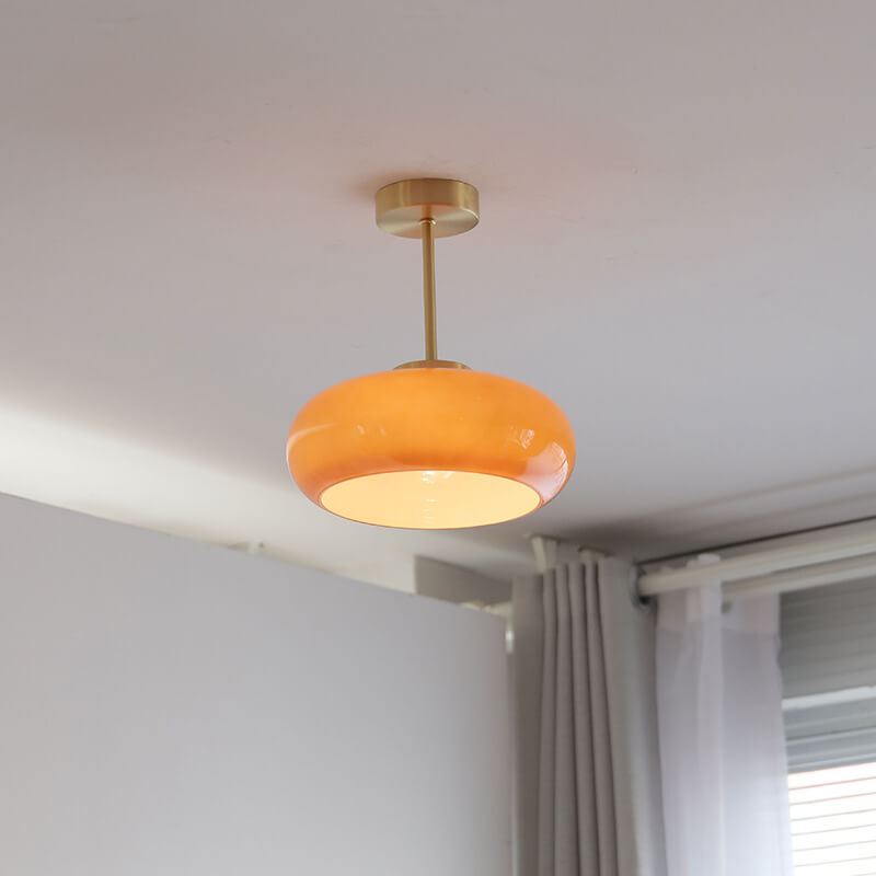 Brass Frame Yellow Glass Semi-Flush Ceiling Light