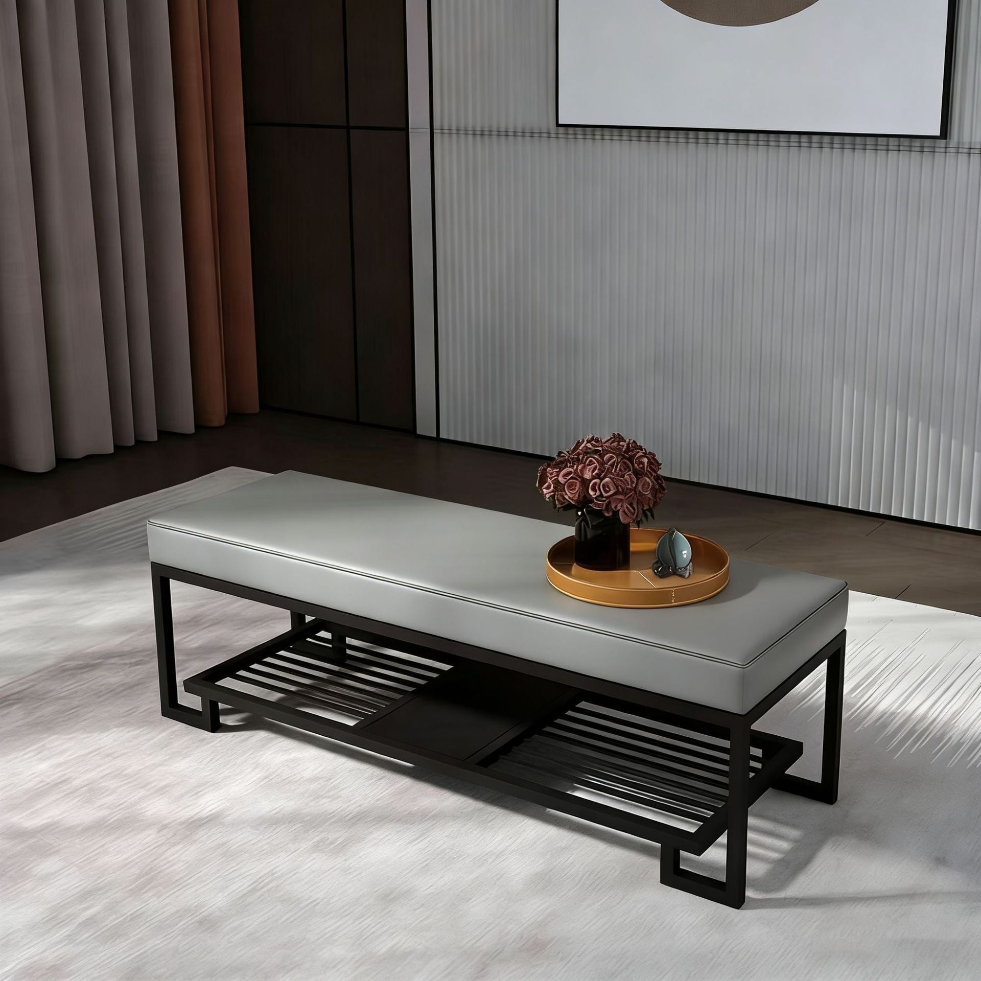 Upholstered Shoe Bench 2 Tier Iron Frame