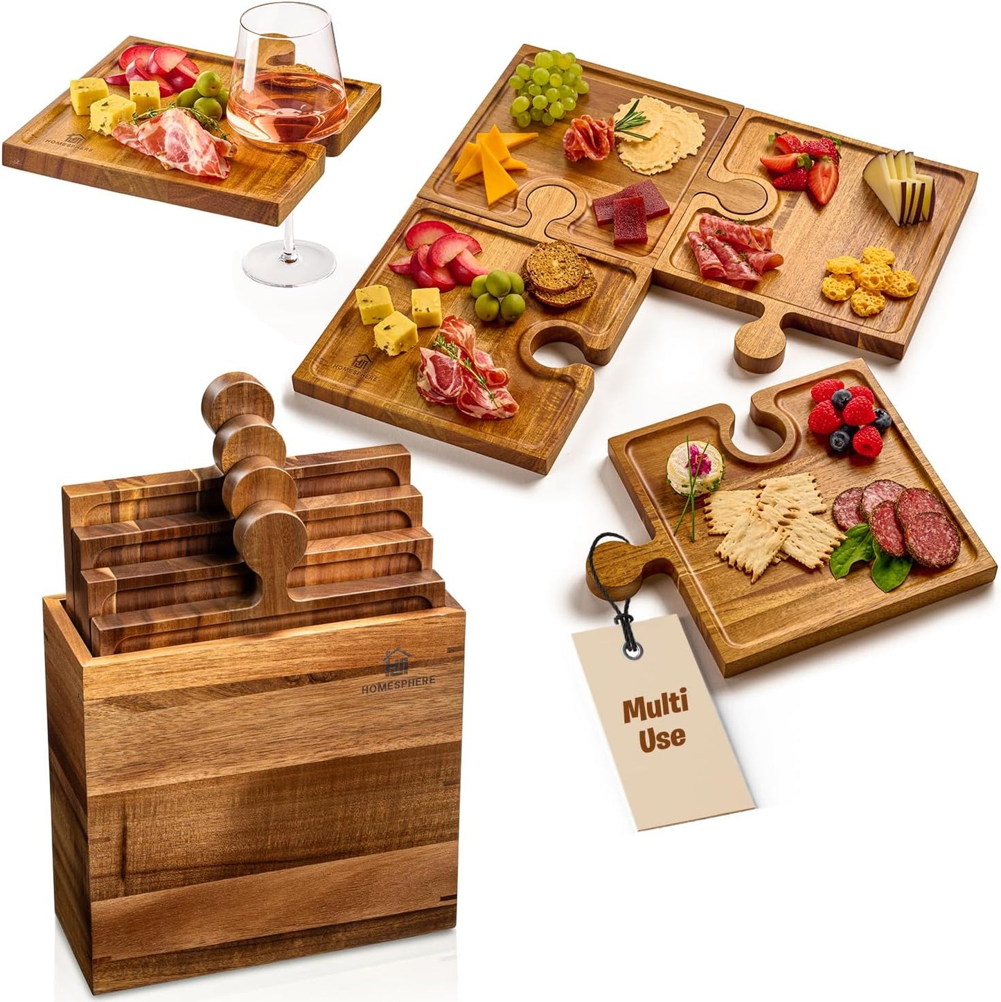 Puzzle Charcuterie Board | Wood 4 Piece Interlocking Set