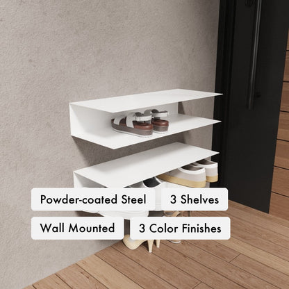 Wall Mounted Horizontal Shoe Rack key features: powder-coated steel, 3-shelf storage, wall-mounted slim profile, three color finishes.