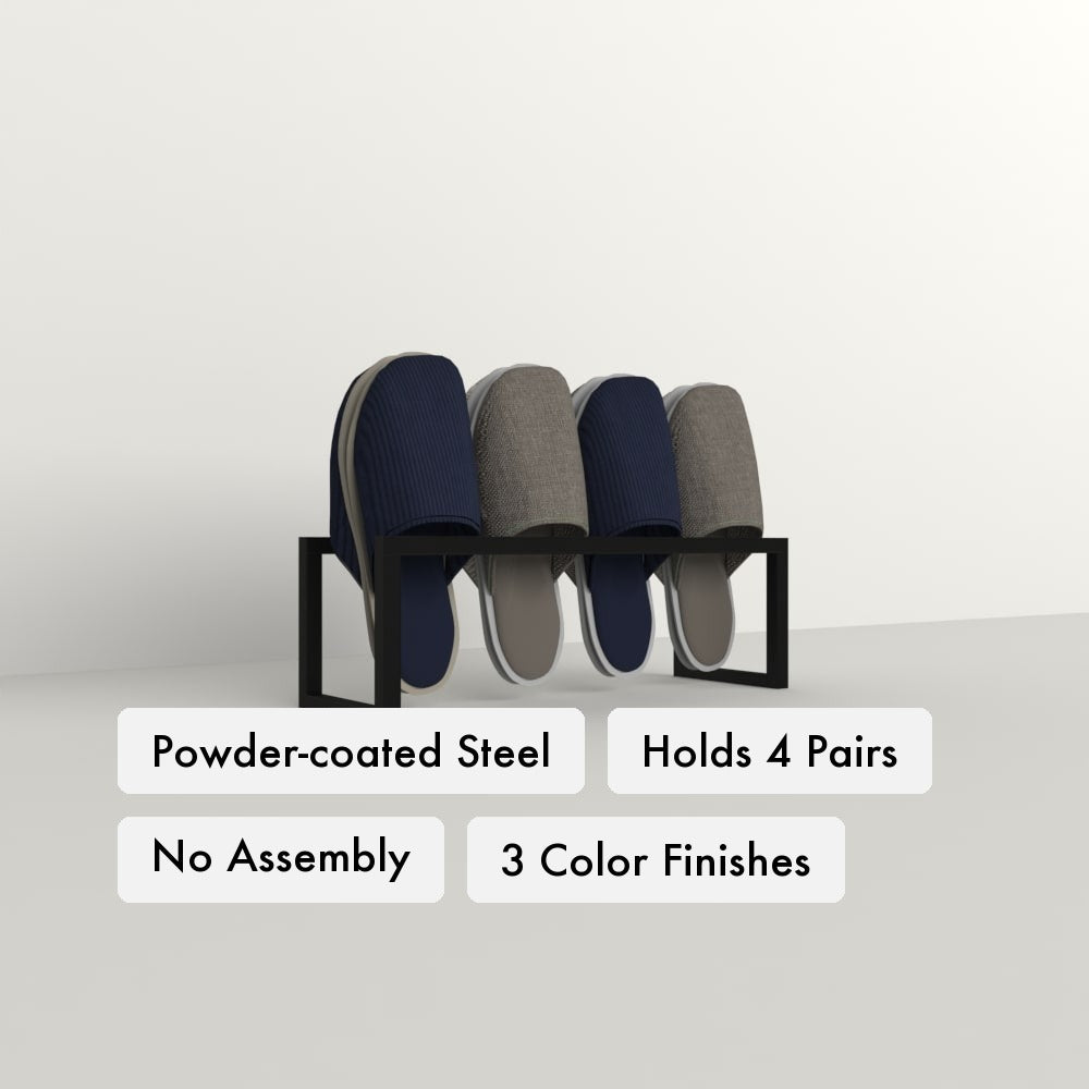 Metal Shelf for Slippers key features: powder-coated steel, holds 4 slipper pairs, no assembly required, three color finishes.