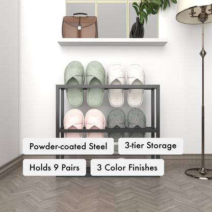 Three Tier Slipper Rack key features: powder-coated steel, 3-tier storage, holds 9 slipper pairs, three color finishes.