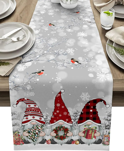 Grey Christmas Table Runner | Gnome and Snowflake Design