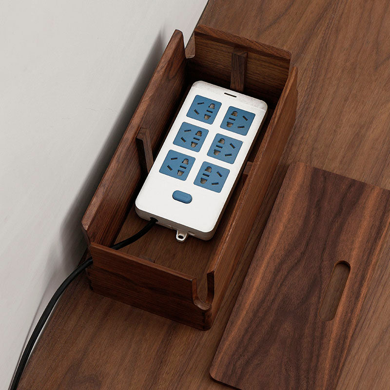 Solid walnut power strip storage box for cable organization
