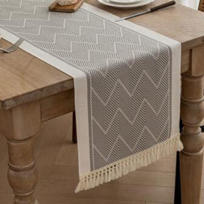 Woven Table Runner | Beige Zigzag Pattern with Tassels