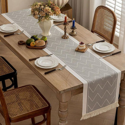 Woven Table Runner | Beige Zigzag Pattern with Tassels