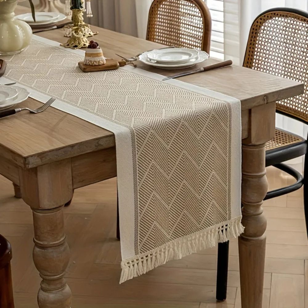 Woven Table Runner | Beige Zigzag Pattern with Tassels