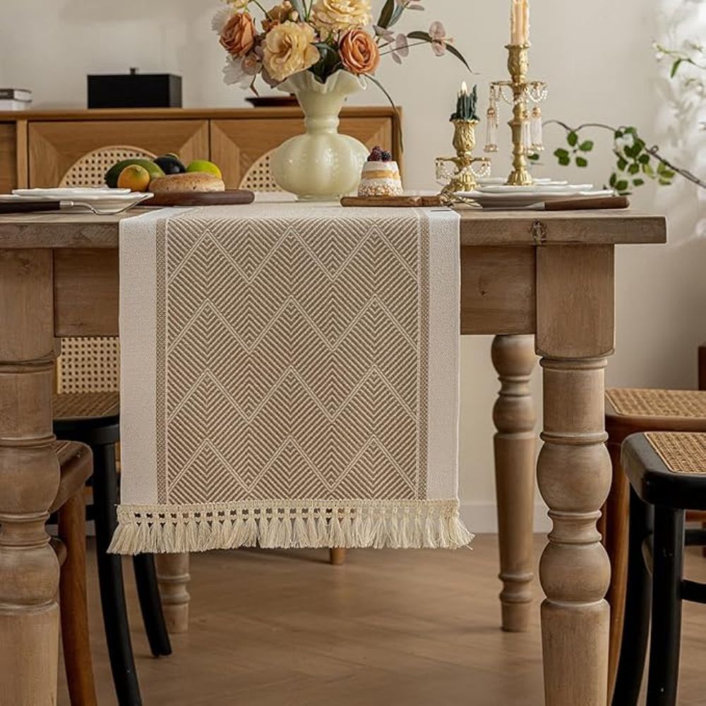 Woven Table Runner | Beige Zigzag Pattern with Tassels
