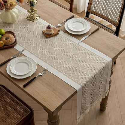 Woven Table Runner | Beige Zigzag Pattern with Tassels
