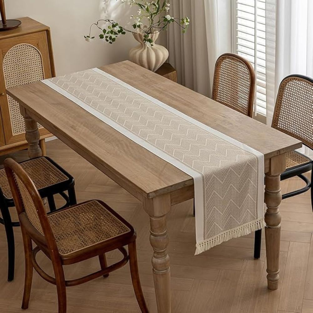 Woven Table Runner | Beige Zigzag Pattern with Tassels
