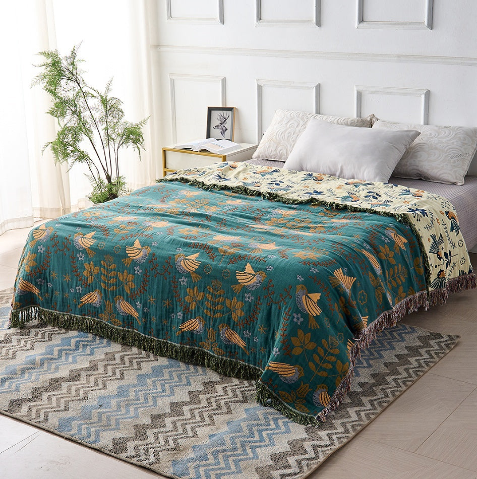 Scandinavian Bird Throw Blanket | Nature Inspired Woven Pattern