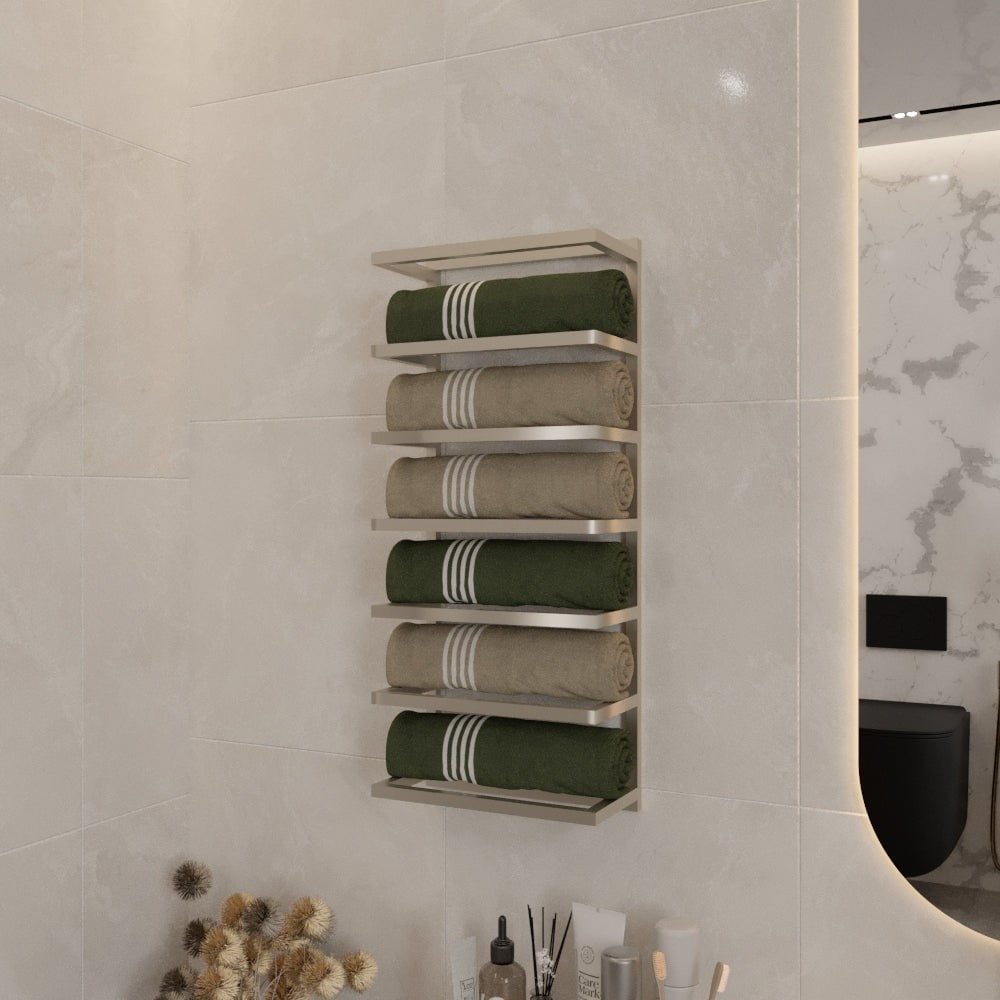 Wall-mounted Satine Nickel towel rack with six tiers, holding neatly rolled green and beige towels, displayed in a modern bathroom with light-colored tiles and minimalistic decor.