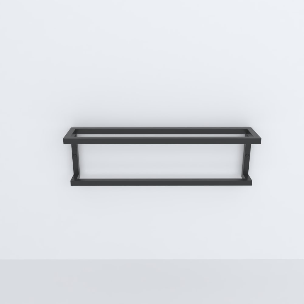 A close-up of a black wall-mounted slipper rack holding three pairs of slippers, highlighting its structured metal frame and compact design, shown for small areas.