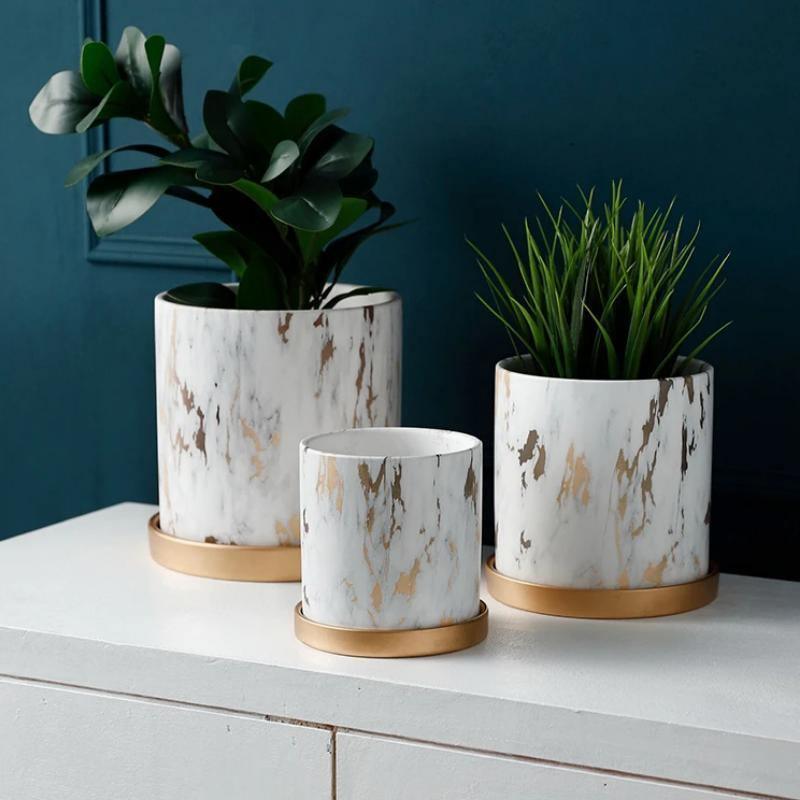 Marble Pattern Ceramic Planter Set