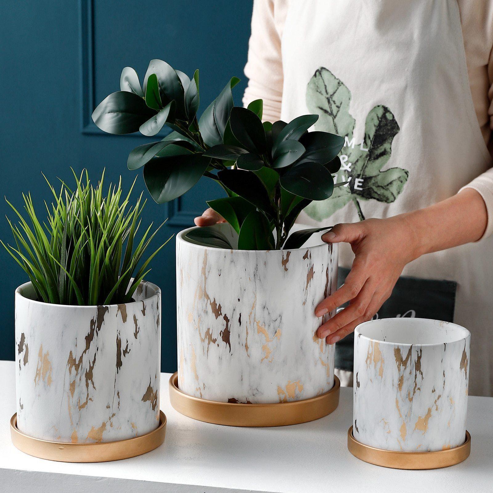 Marble Pattern Ceramic Planter Set