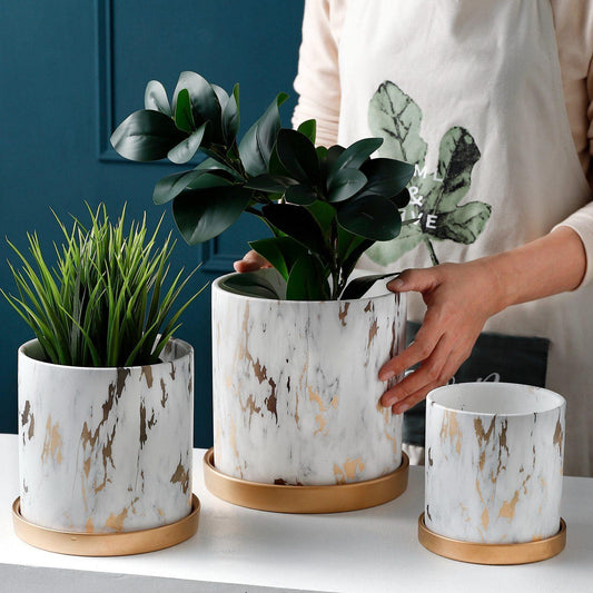 Marble Pattern Ceramic Planter Set