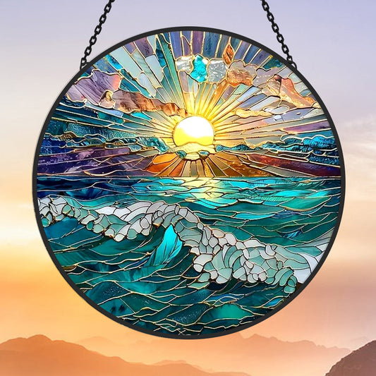 Ocean Sunset Scenic Stained Glass Sun Catcher