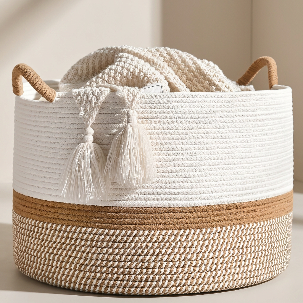 Woven basket with white textured fabric and tassels on a neutral background