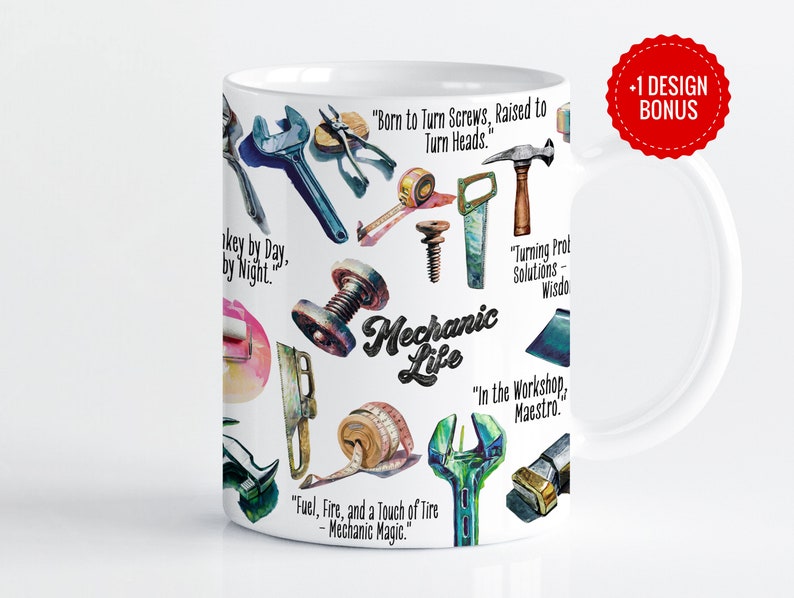 White Ceramic Coffee Cup | Colorful Garage Tools Print