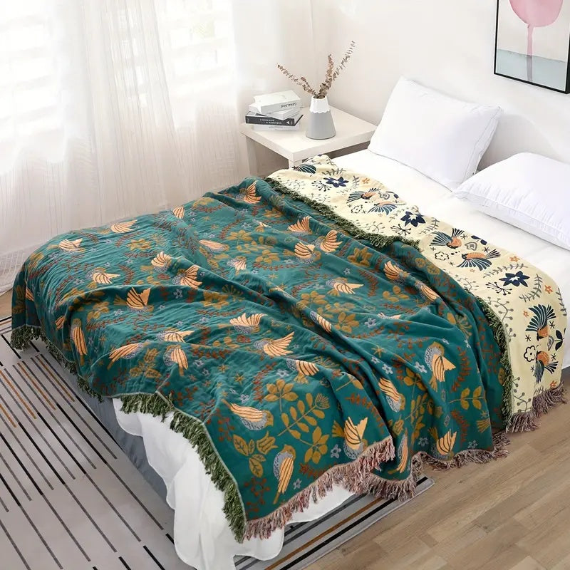 Scandinavian Bird Throw Blanket | Nature Inspired Woven Pattern