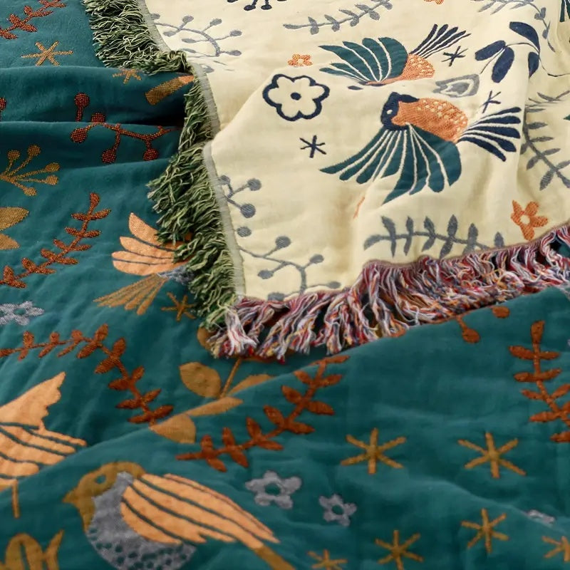 Scandinavian Bird Throw Blanket | Nature Inspired Woven Pattern