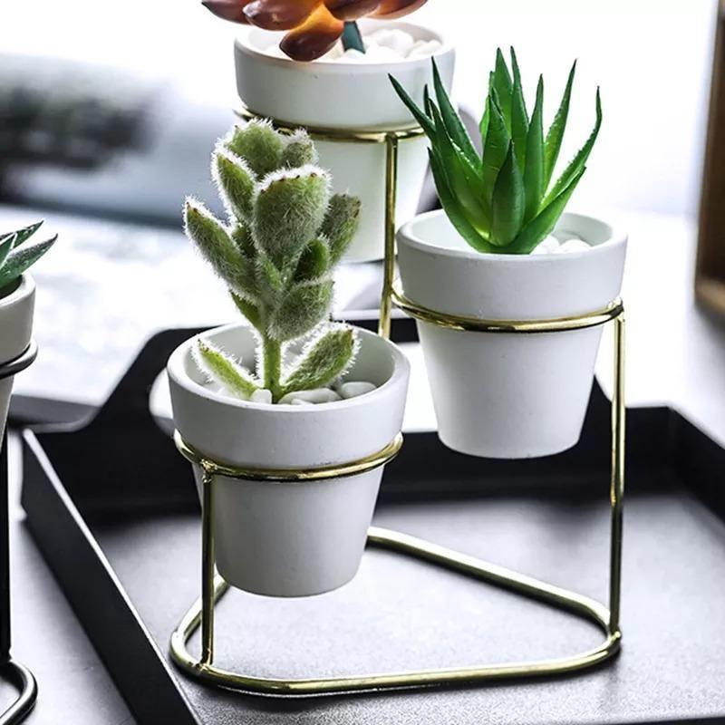 3-Piece Ceramic Planter Set with Metal Stand