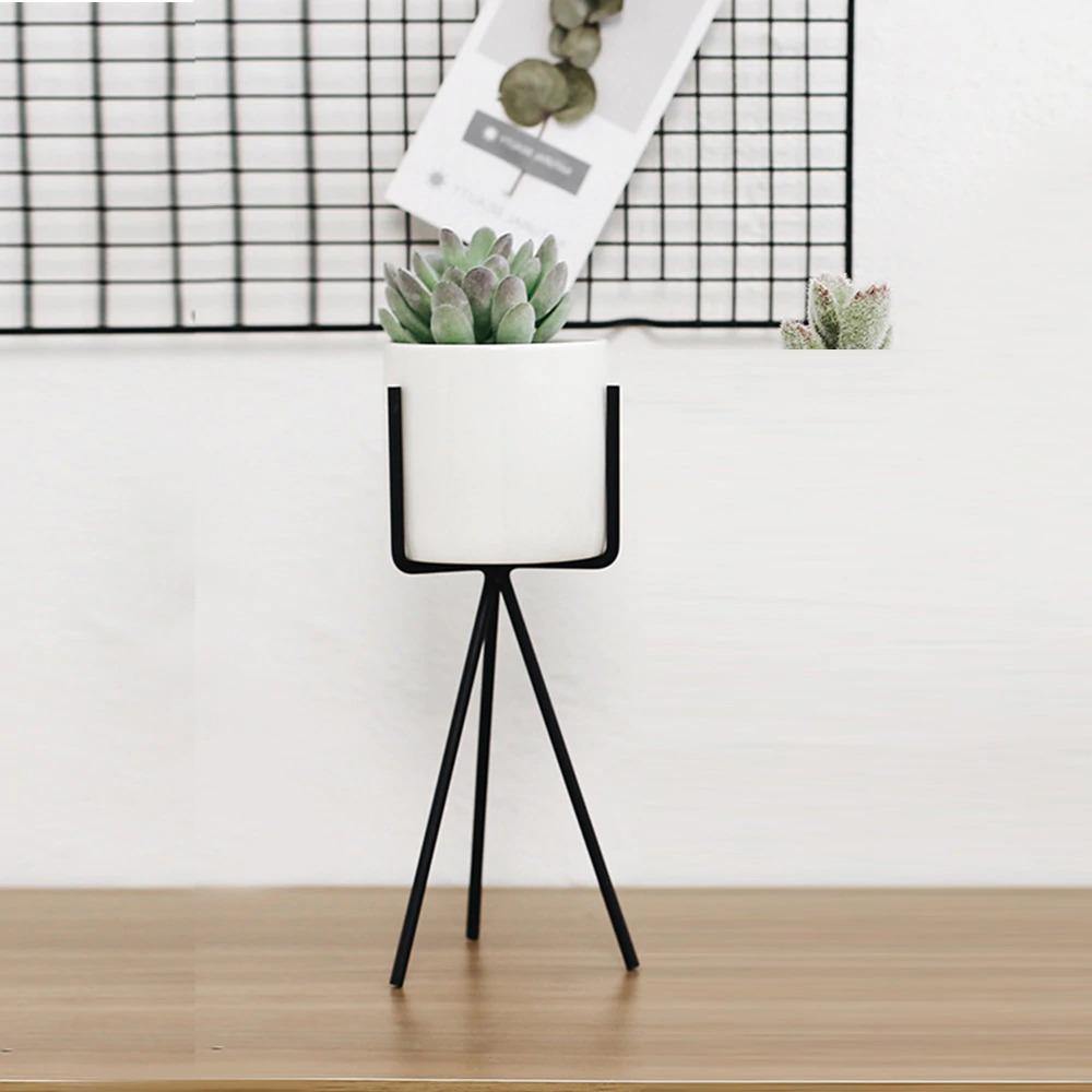 Geometric Metal Stand Ceramic Planter Set