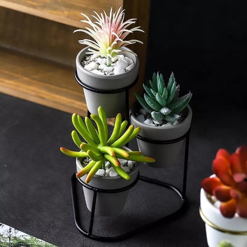 3-Piece Ceramic Planter Set with Metal Stand