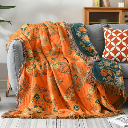 Elegant Floral Throw Blanket | Woven Fringed Edges