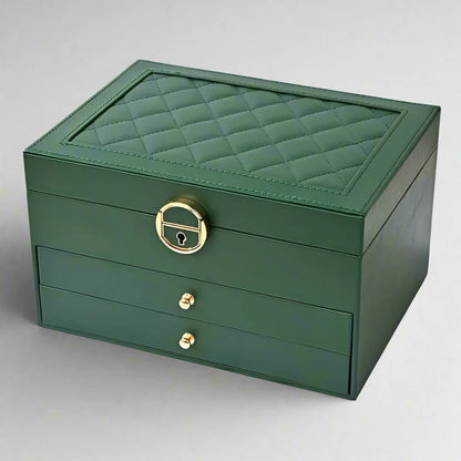 Jewellery box with multiple layers and velvet interior – Maeva-Dark green-State of Style