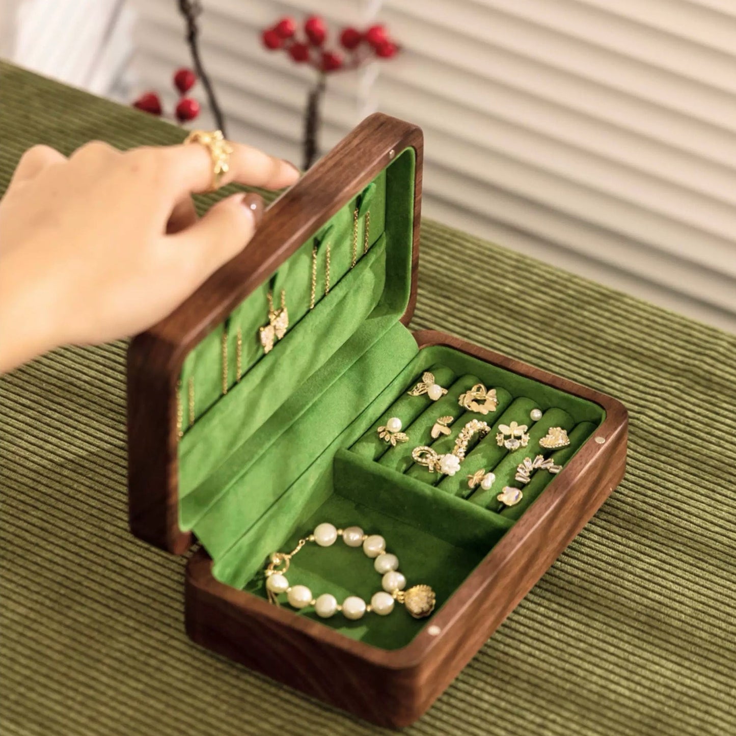 Walnut Jewelry Box with Green Velvet Lining