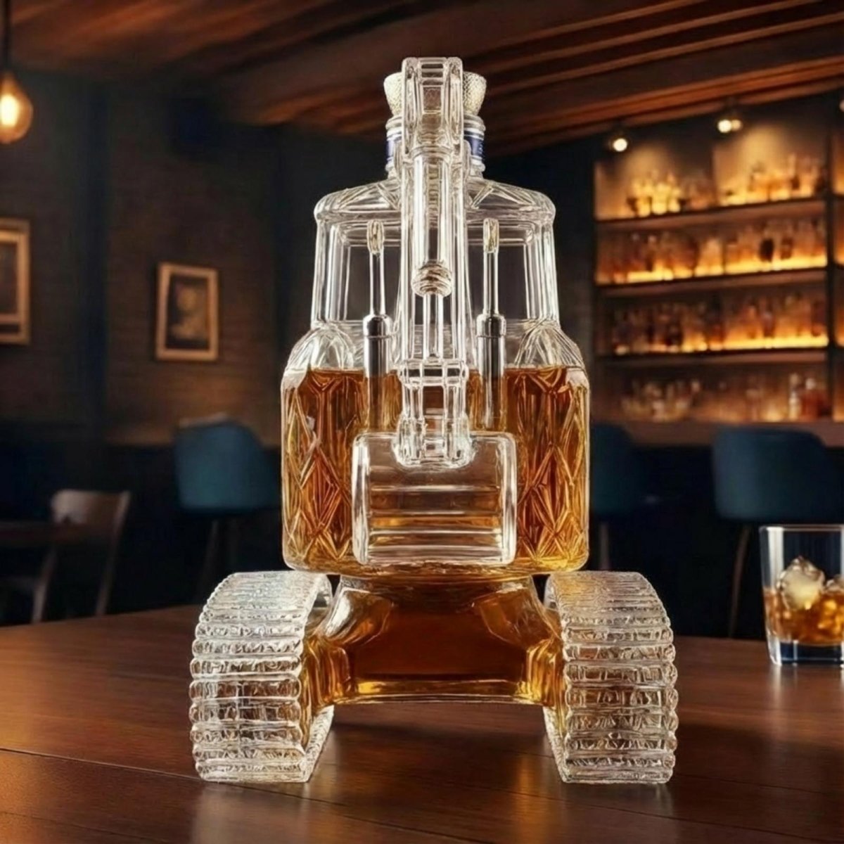 Front-facing view of the Kouvr glass excavator liquor decanter, showing the intricate detail of the tracks, cab, and boom arm.