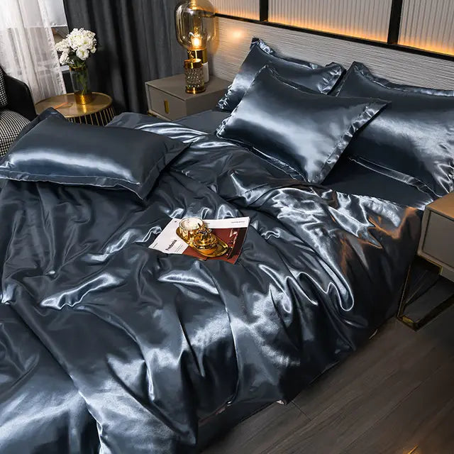 Luxury Plain Satin Duvet Cover - SilkSerenity-Blue/Grey-150X200CM-State of Style