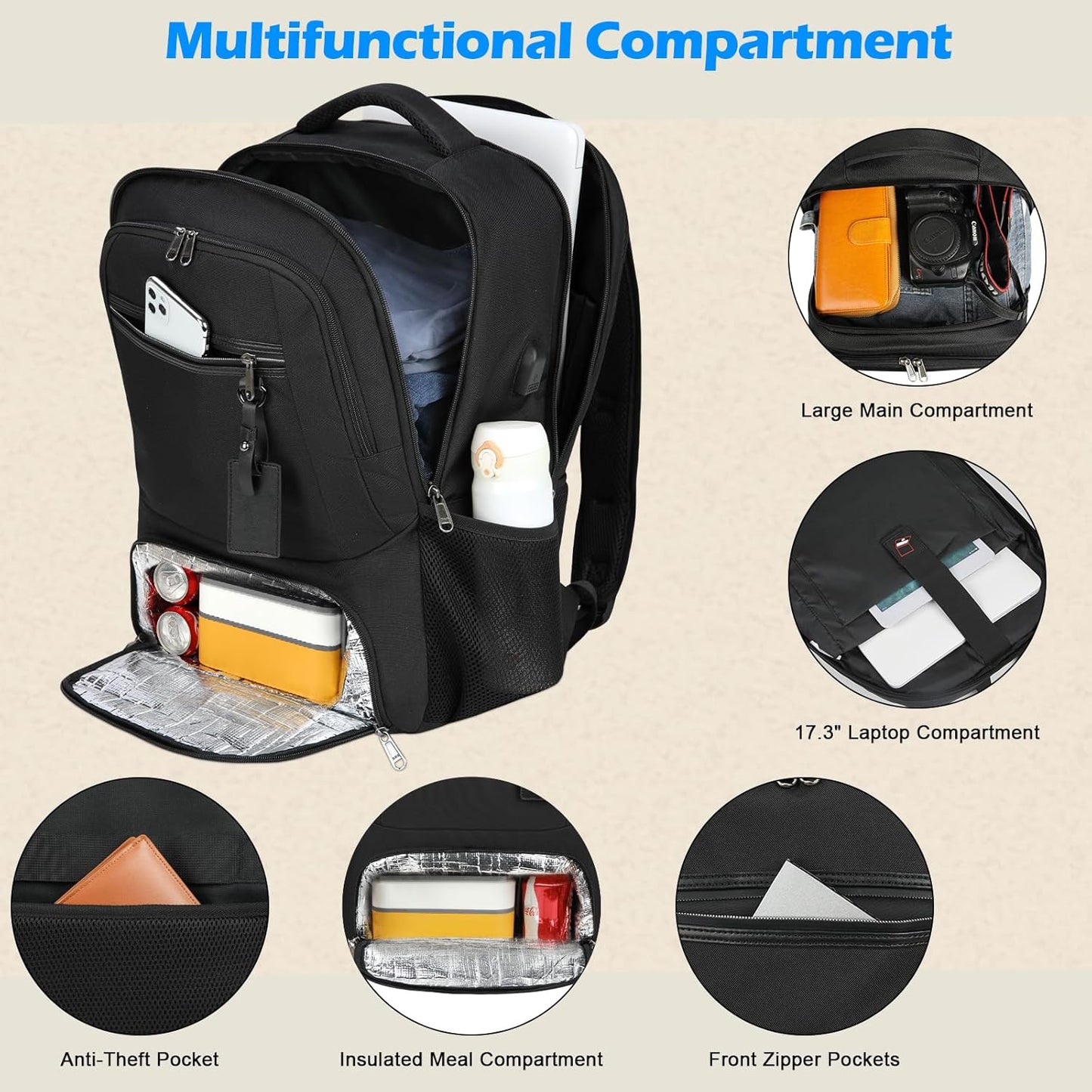 USB Travel Lunch Bag | Waterproof Laptop Cooler Backpack