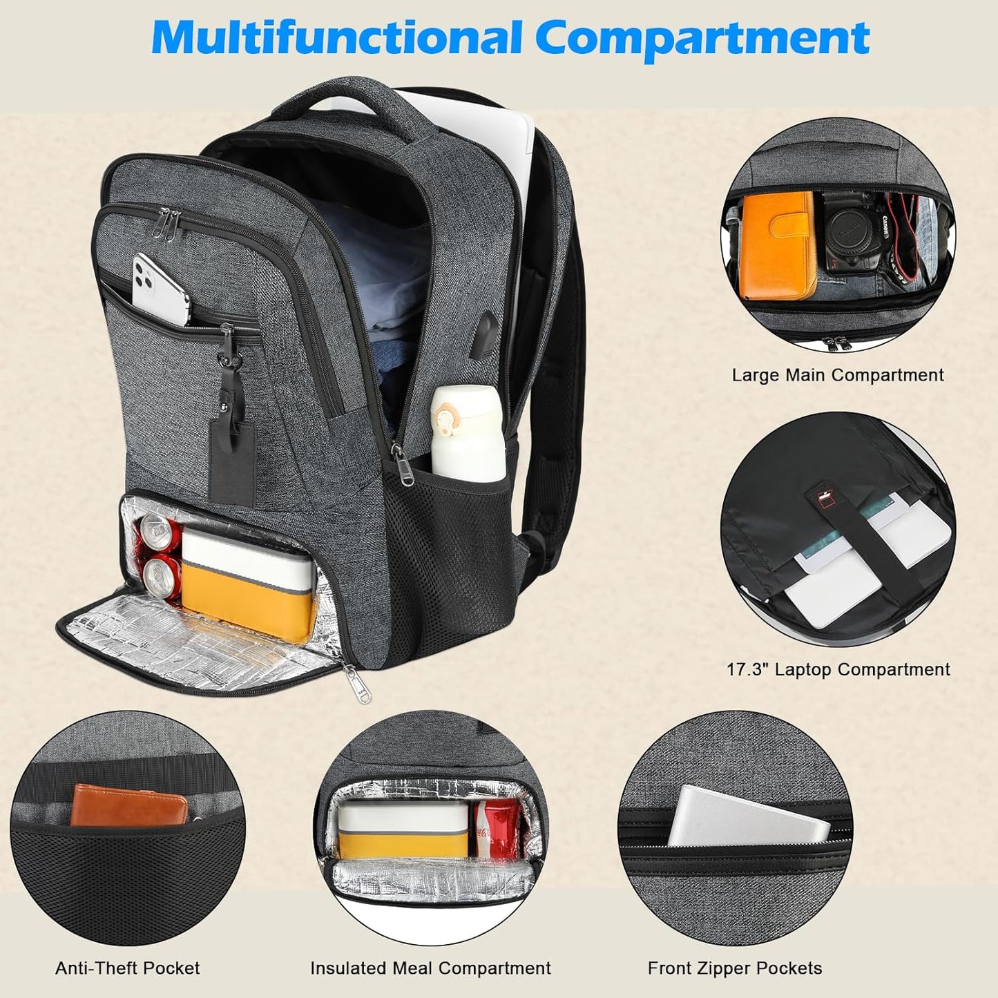 USB Travel Lunch Bag | Waterproof Laptop Cooler Backpack