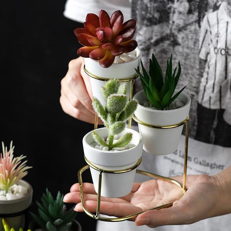 3-Piece Ceramic Planter Set with Metal Stand
