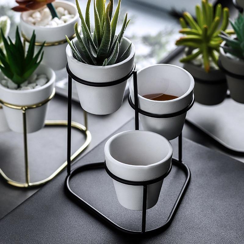 3-Piece Ceramic Planter Set with Metal Stand